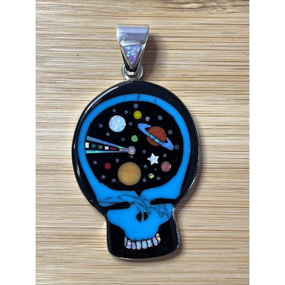 SKULL MULTICOLOR Stone INLAY .925 SILVER PENDANT Galaxy Space Saturn